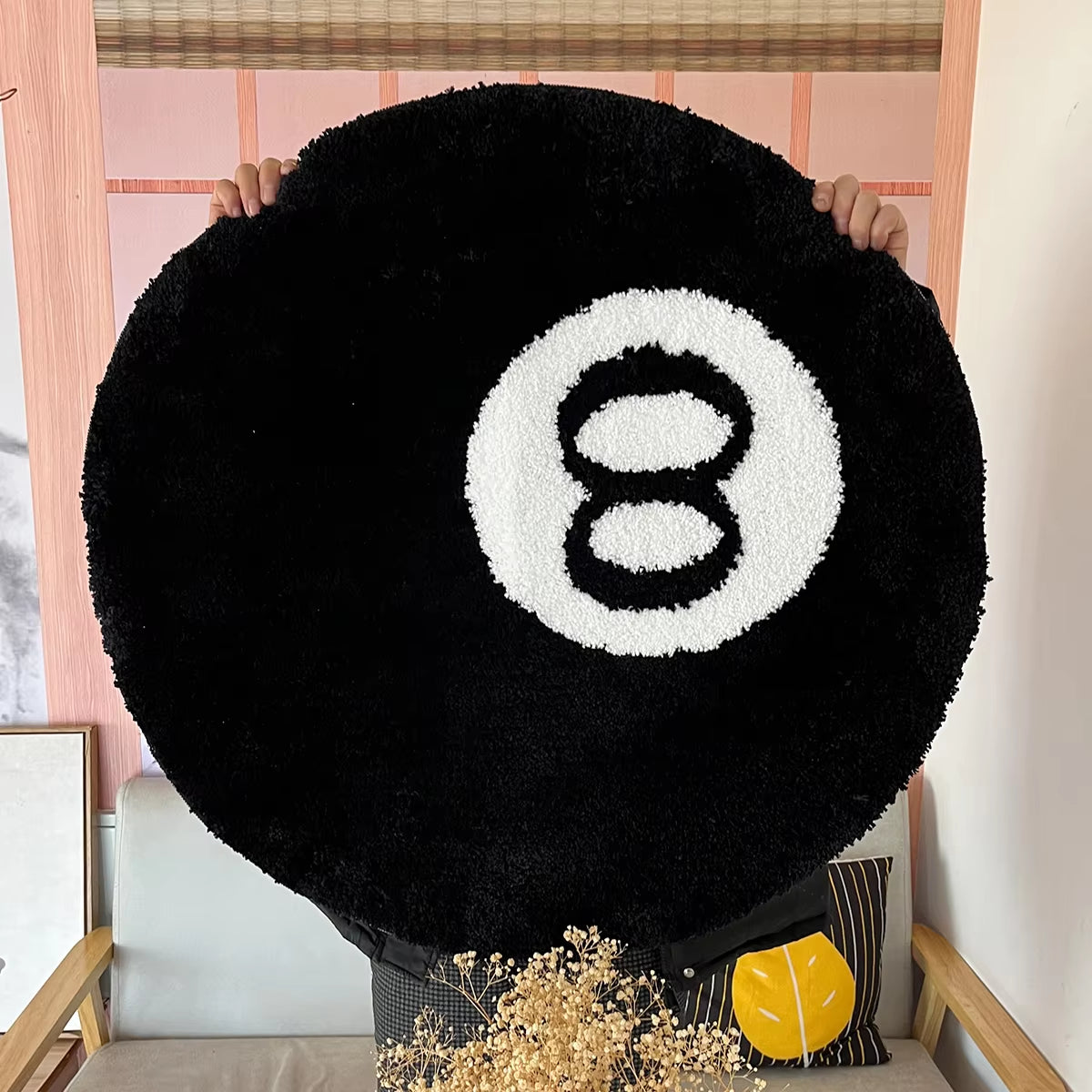 1 Pack Black Billiards 8 Ball round Flocked Floor Bedroom Anti-Slip Carpet Mat Living Plush Soft Bedroom Rug